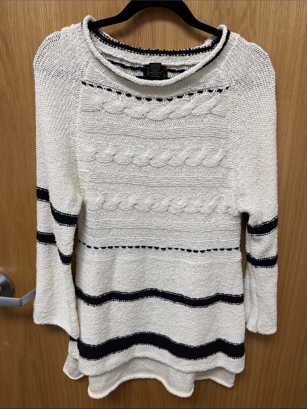 Pure Handknit 100% Cotton Striped Cable-Knit Neck Sweater in Cream and Black